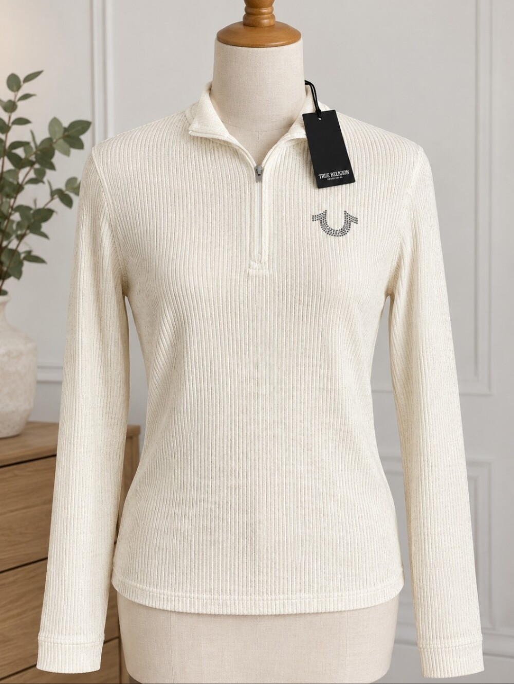 New!! True Religion Cream Ribbed Half-Zip Pullover Sweatshirtw